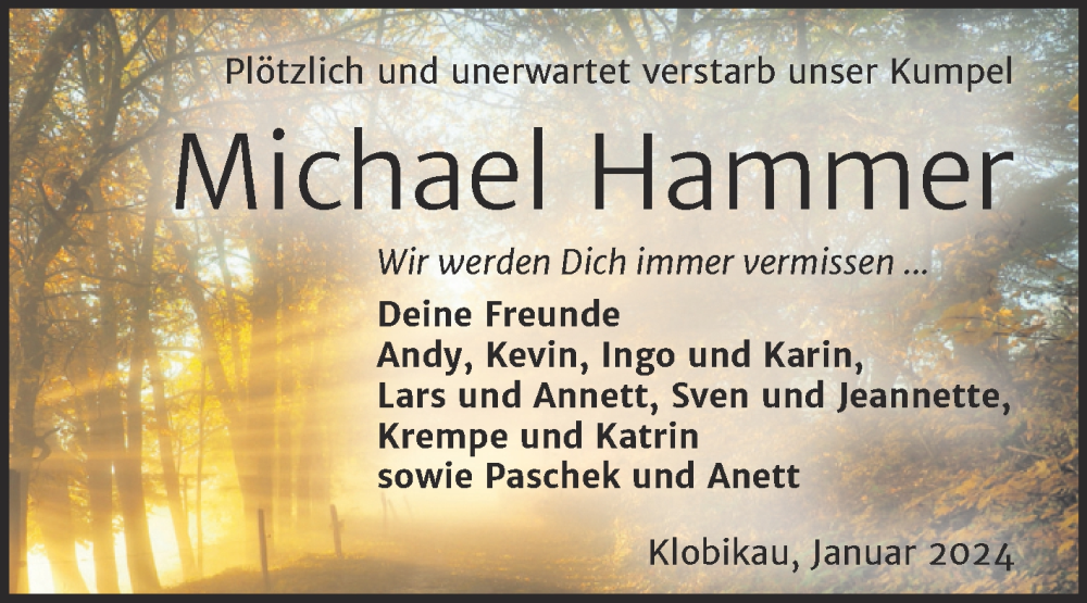  Traueranzeige für Michael Hammer vom 13.01.2024 aus Trauerkombi Merseburg