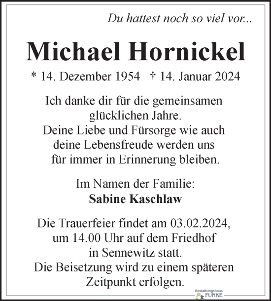 Traueranzeige von Michael Hornickel von Mitteldeutsche Zeitung Halle/Saalkreis