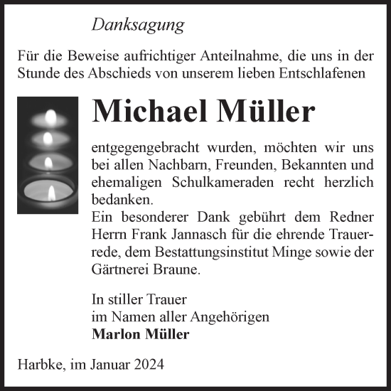 Traueranzeige von Michael Müller von Volksstimme Oschersleben/Wanzleben