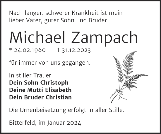 Traueranzeige von Michael Zampach von Trauerkombi Bitterfeld