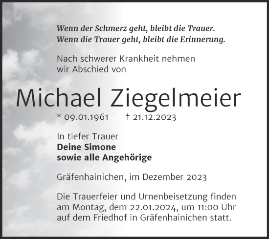 Traueranzeige von Michael Ziegelmeier von Trauerkombi Wittenberg