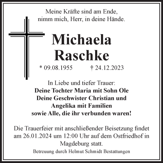 Traueranzeige von Michaela Raschke von Volksstimme Oschersleben/Wanzleben