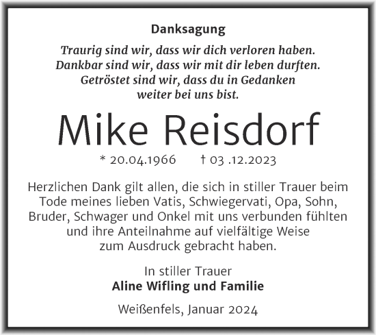 Traueranzeige von Mike Reisdorf von Trauerkombi Weißenfels