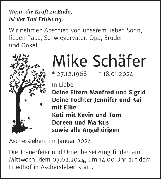 Traueranzeige von Mike Schäfer von Trauerkombi Aschersleben