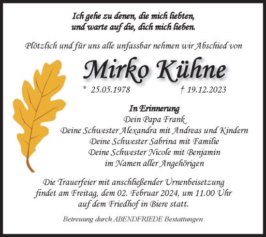 Traueranzeige von Mirko Kühne von Volksstimme Schönebeck