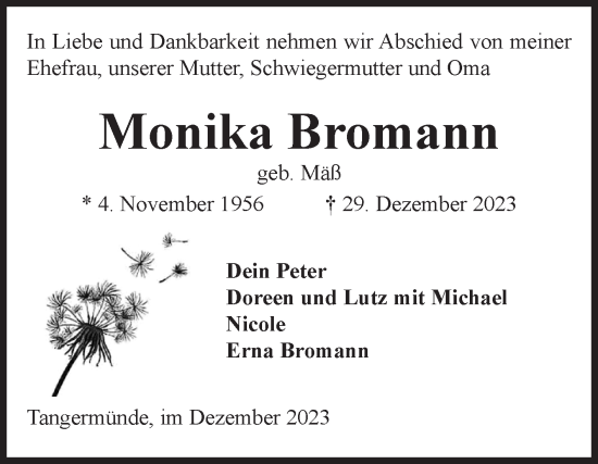 Traueranzeige von Monika Bromann von Volksstimme Altmark Ost