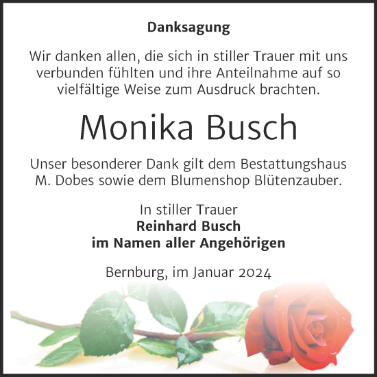 Traueranzeige von Monika Busch von Trauerkombi Bernburg