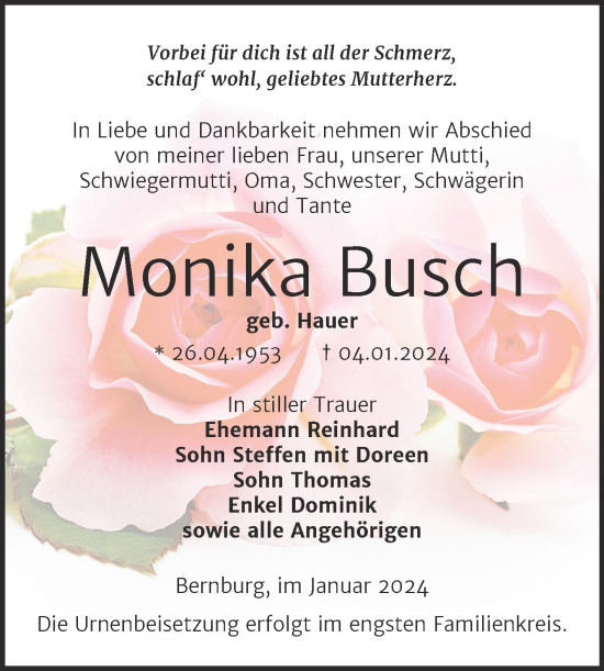 Traueranzeige von Monika Busch von Trauerkombi Bernburg