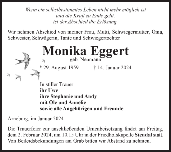 Traueranzeige von Monika Eggert von Volksstimme Altmark Ost