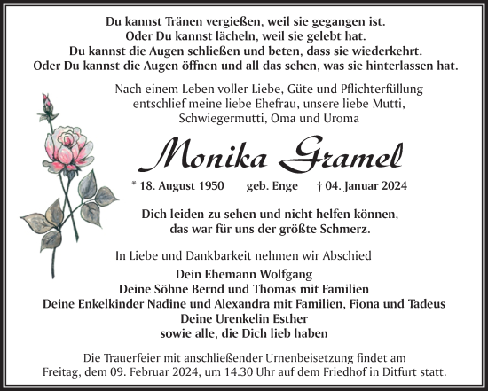 Traueranzeige von Monika Gramel von Trauerkombi Quedlinburg