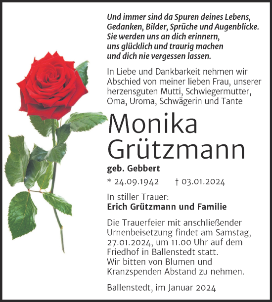 Traueranzeige von Monika Grützmann von Trauerkombi Quedlinburg