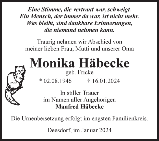 Traueranzeige von Monika Häbecke von Volksstimme Halberstadt
