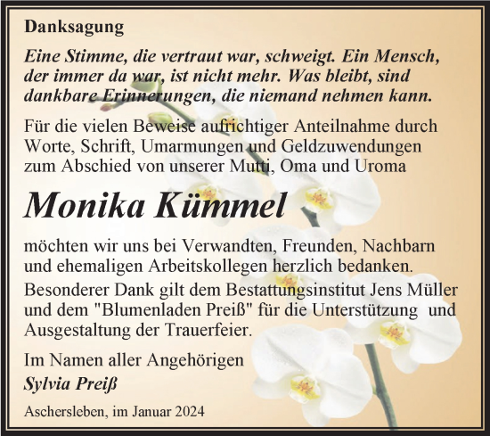 Traueranzeige von Monika Kümmel von Trauerkombi Aschersleben