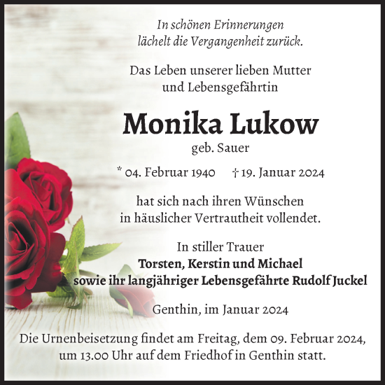 Traueranzeige von Monika Lukow von Volksstimme Burg/Genthin