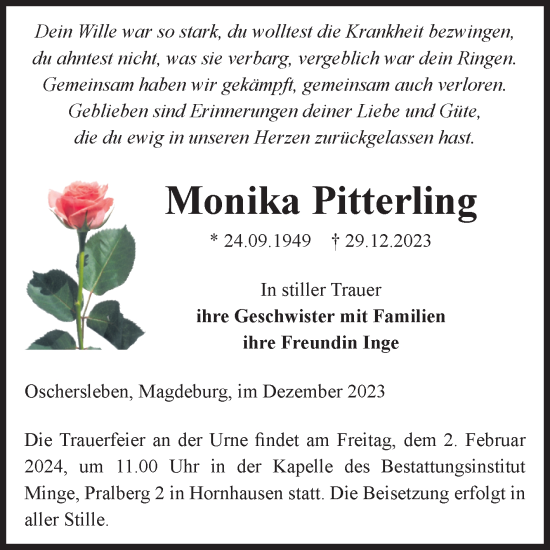 Traueranzeige von Monika Pitterling von Volksstimme Oschersleben/Wanzleben