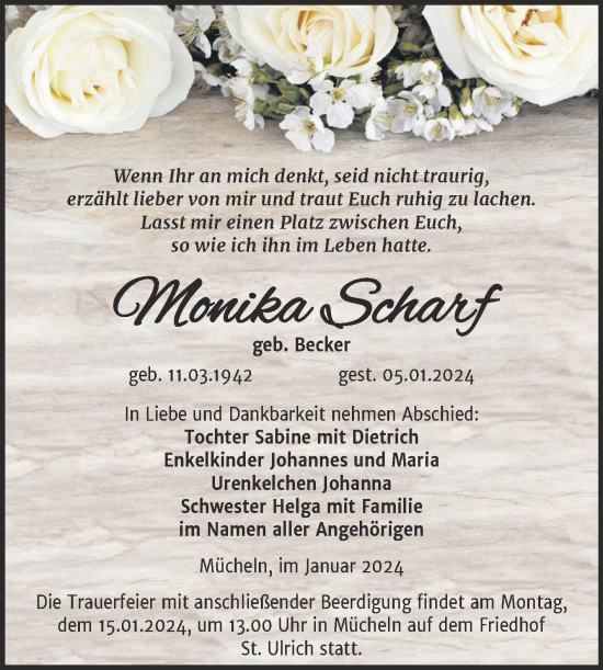 Traueranzeige von Monika Scharf von Trauerkombi Merseburg