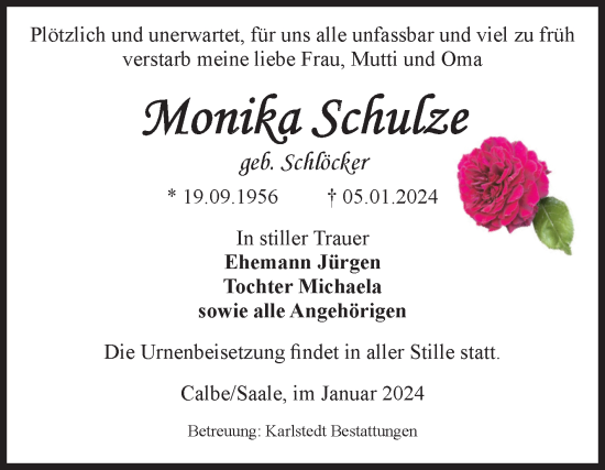 Traueranzeige von Monika Schulze von Volksstimme Schönebeck