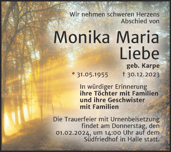 Traueranzeige von Monika Maria Liebe von Mitteldeutsche Zeitung Halle/Saalkreis