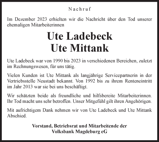 Traueranzeige von Nachruf  von Volksstimme Magdeburg