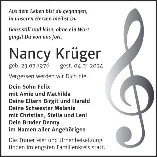 Traueranzeige von Nancy Krüger von Super Sonntag Sangerhausen