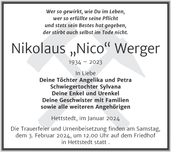 Traueranzeige von Nikolaus Werger von Trauerkombi Mansfelder Land