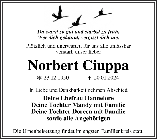 Traueranzeige von Norbert Ciuppa von Trauerkombi Wittenberg