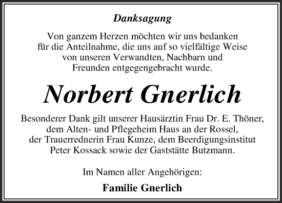 Traueranzeige von Norbert Gnerlich von Trauerkombi Dessau