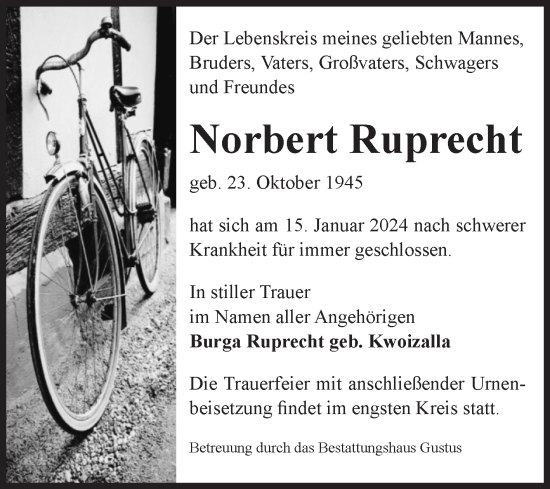 Traueranzeige von Norbert Ruprecht von Volksstimme Halberstadt