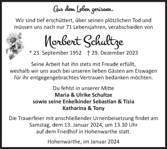 Traueranzeige von Norbert Schultze von Volksstimme Burg/Genthin