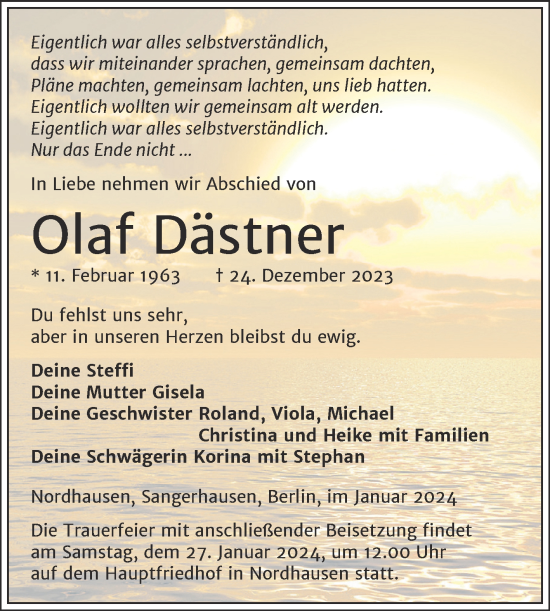 Traueranzeige von Olaf Dästner von Trauerkombi Sangerhausen