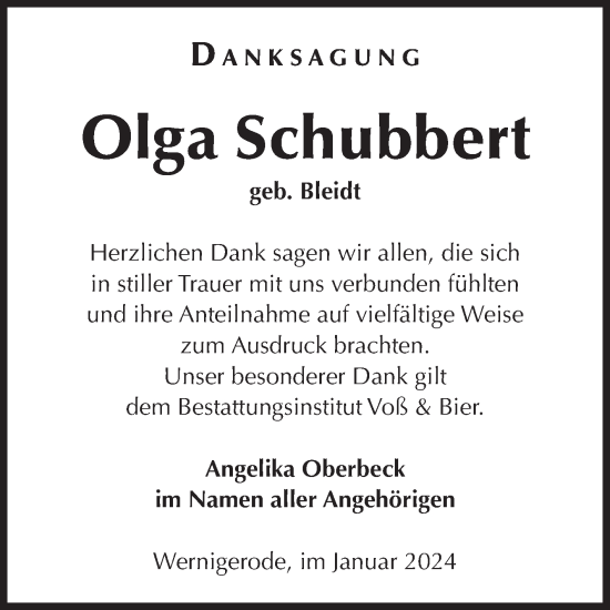 Traueranzeige von Olga Schubbert von Volksstimme Wernigerode