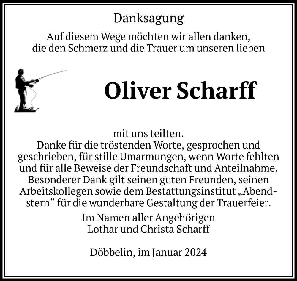  Traueranzeige für Oliver Scharff vom 27.01.2024 aus Volksstimme Altmark Ost