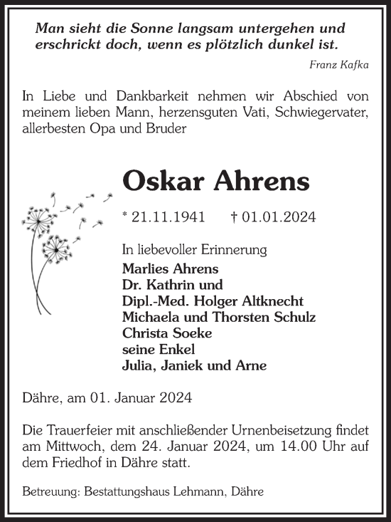 Traueranzeige von Oskar Ahrens von Volksstimme Altmark West