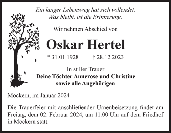 Traueranzeige von Oskar Hertel von Volksstimme Burg/Genthin