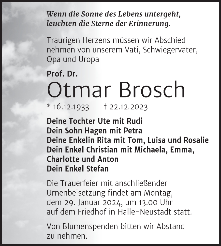  Traueranzeige für Otmar Brosch vom 13.01.2024 aus Mitteldeutsche Zeitung Halle/Saalkreis