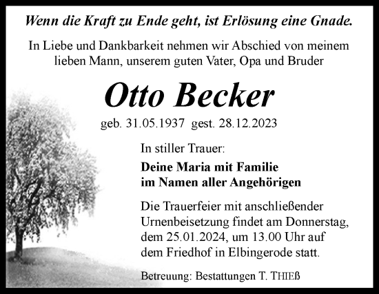 Traueranzeige von Otto Becker von Volksstimme Wernigerode