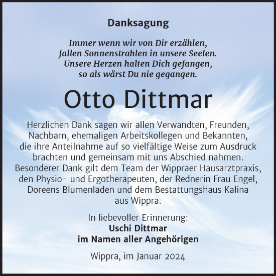 Traueranzeige von Otto Dittmar von Trauerkombi Sangerhausen