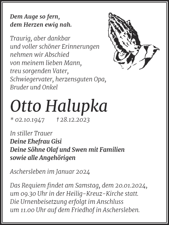 Traueranzeige von Otto Halupka von Trauerkombi Aschersleben