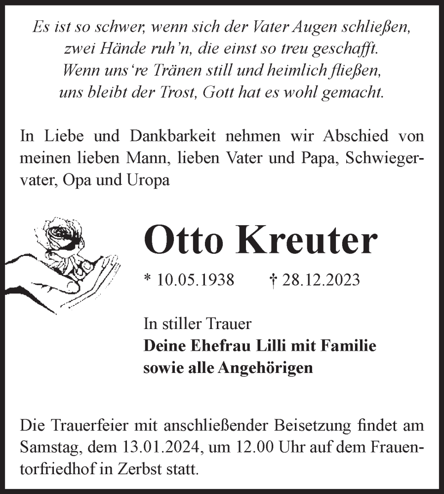  Traueranzeige für Otto Kreuter vom 05.01.2024 aus Volksstimme Zerbst