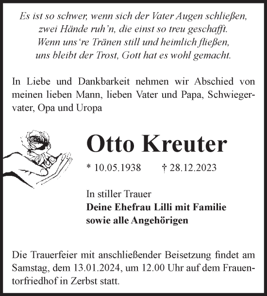 Traueranzeige von Otto Kreuter von Volksstimme Zerbst