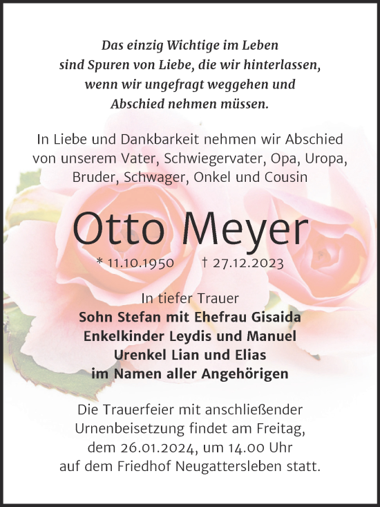 Traueranzeige von Otto Meyer von Trauerkombi Bernburg