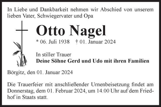 Traueranzeige von Otto Nagel von Volksstimme Altmark Ost