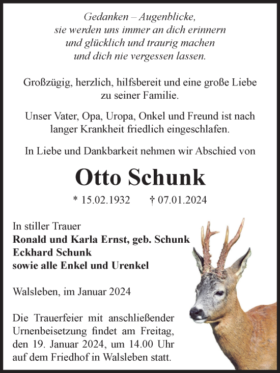 Traueranzeige von Otto Schunk von Volksstimme Altmark Ost
