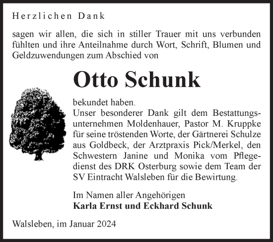 Traueranzeige von Otto Schunk von Volksstimme Altmark Ost