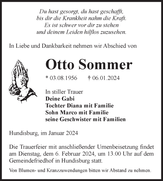 Traueranzeige von Otto Sommer von Volksstimme Haldensleben/Wolmirstedt