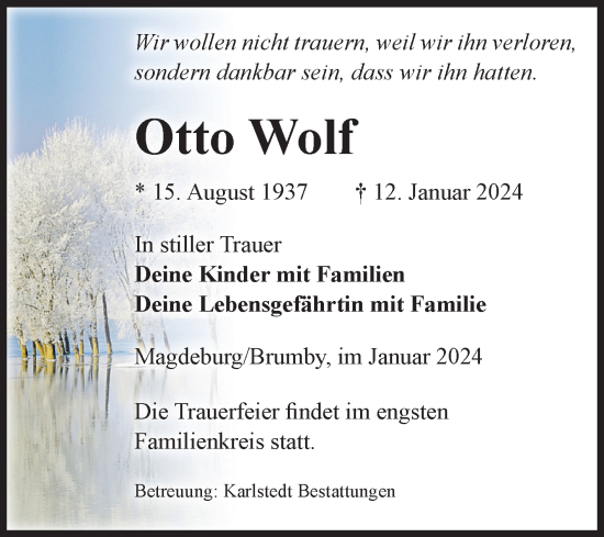 Traueranzeige von Otto Wolf von Volksstimme Schönebeck