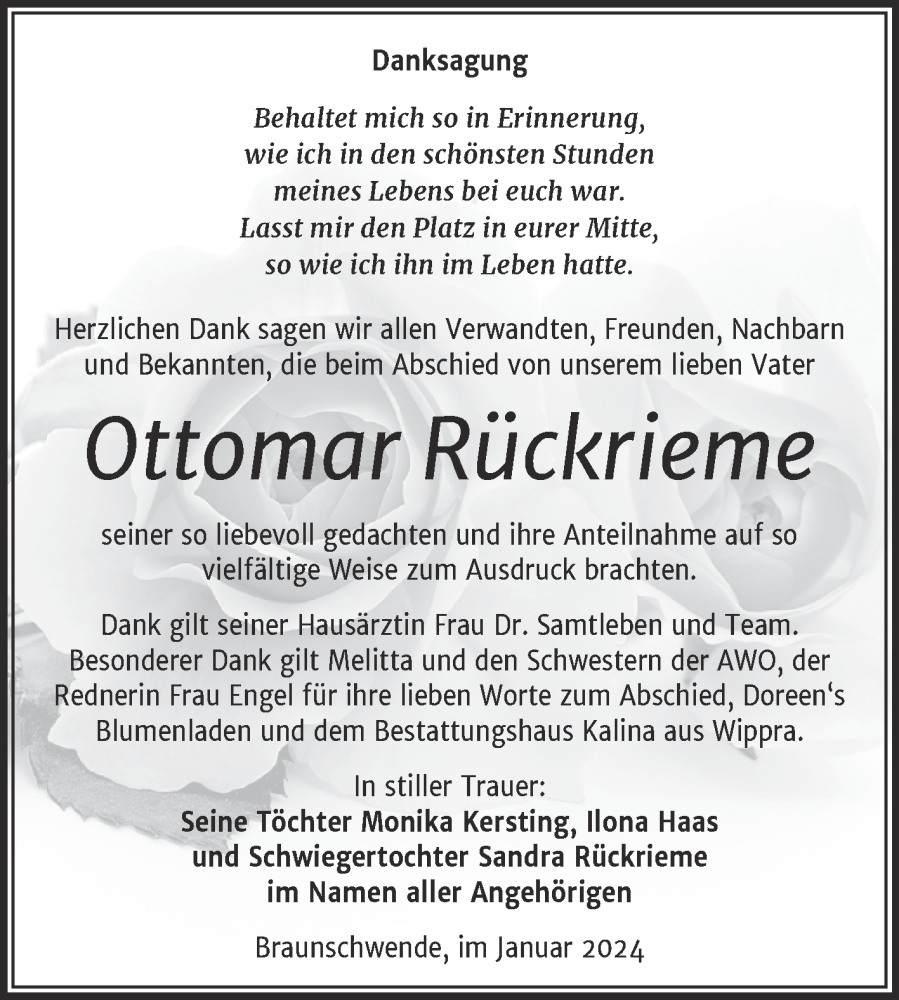  Traueranzeige für Ottomar Rückrieme vom 12.01.2024 aus Trauerkombi Mansfelder Land