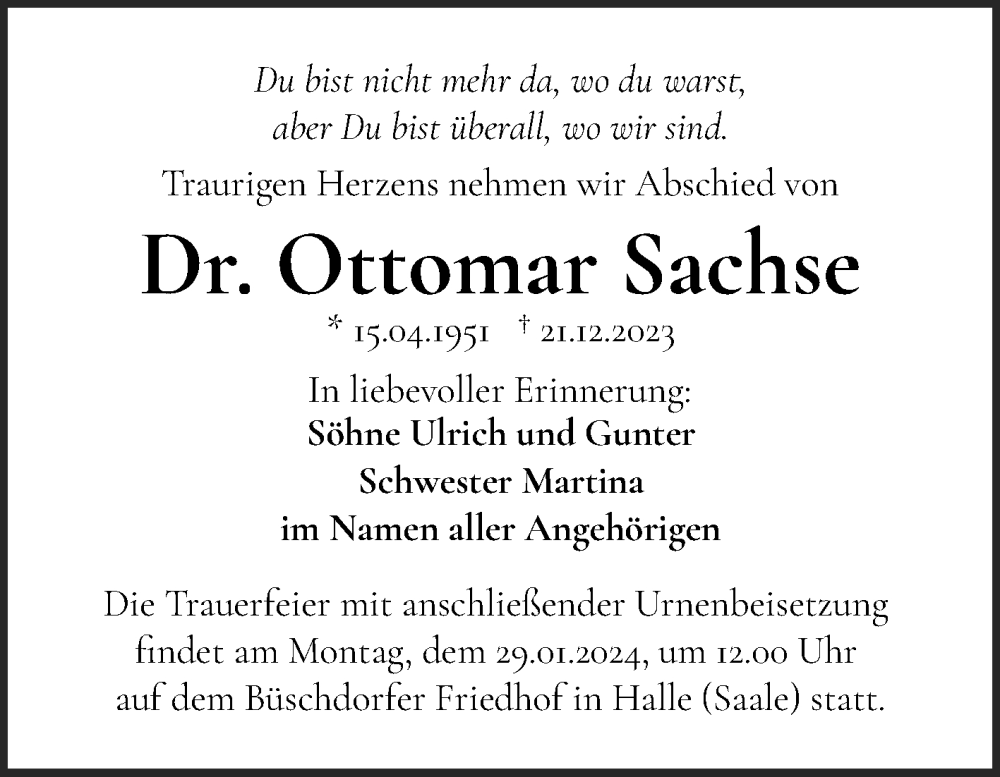  Traueranzeige für Ottomar Sachse vom 13.01.2024 aus Mitteldeutsche Zeitung Halle/Saalkreis