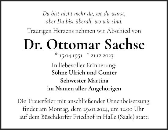 Traueranzeige von Ottomar Sachse von Mitteldeutsche Zeitung Halle/Saalkreis