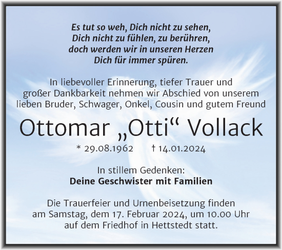 Traueranzeige von Ottomar Vollack von Trauerkombi Mansfelder Land